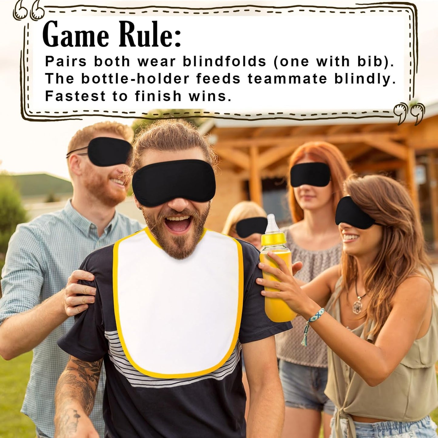Leinuosen 24 Pcs Baby Shower Blindfold Feeding Game Set Include 6 Plastic Chug Bottles 6 Bib and 12 Eye Mask Blindfold Baby Feeding Bottle Chug Game for Adult Gender Reveal Party Supplies(Yellow)