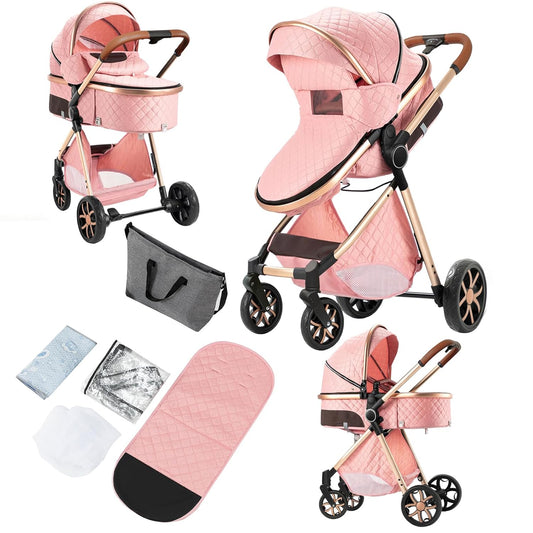 2 in 1 Baby Stroller, Convertible Pram, Reversible Standard Stroller, Portable Baby Buggy, Infant Carriage, Foldable High Landscape Pushchair for Toddler Newborn (225 Pink)