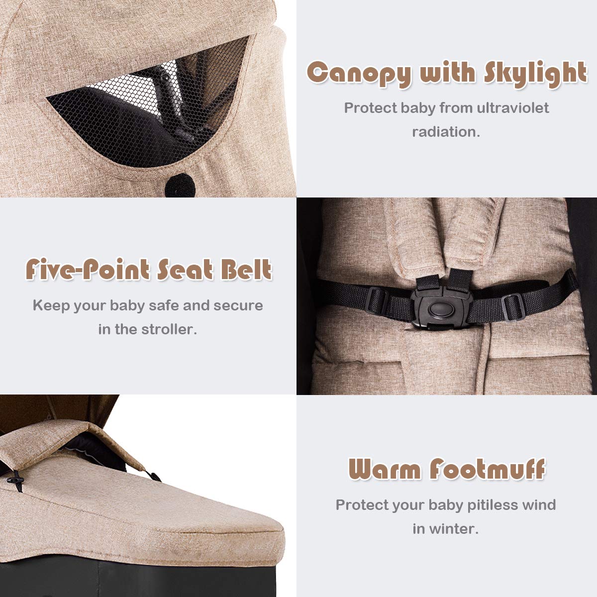 BABY JOY Baby Stroller, 2 in 1 Convertible Carriage Bassinet to Stroller, Pushchair with Foot Cover, Cup Holder, Large Storage Space, Wheels Suspension, 5-Point Harness (Light Coffee)