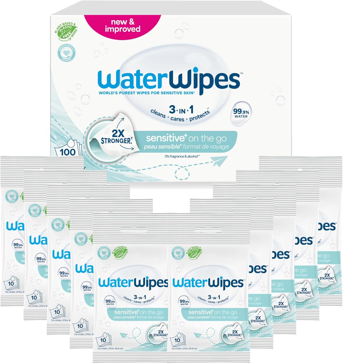 WaterWipes Sensitive+ On The Go Wipes, 3-In-1 Cleans, Cares, Protects, 99.9% Water, Unscented & Hypoallergenic Wet Wipes, 100 Count (10 Packs)