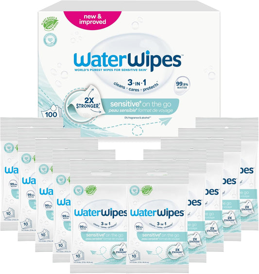 WaterWipes Sensitive+ On The Go Wipes, 3-In-1 Cleans, Cares, Protects, 99.9% Water, Unscented & Hypoallergenic Wet Wipes, 100 Count (10 Packs)