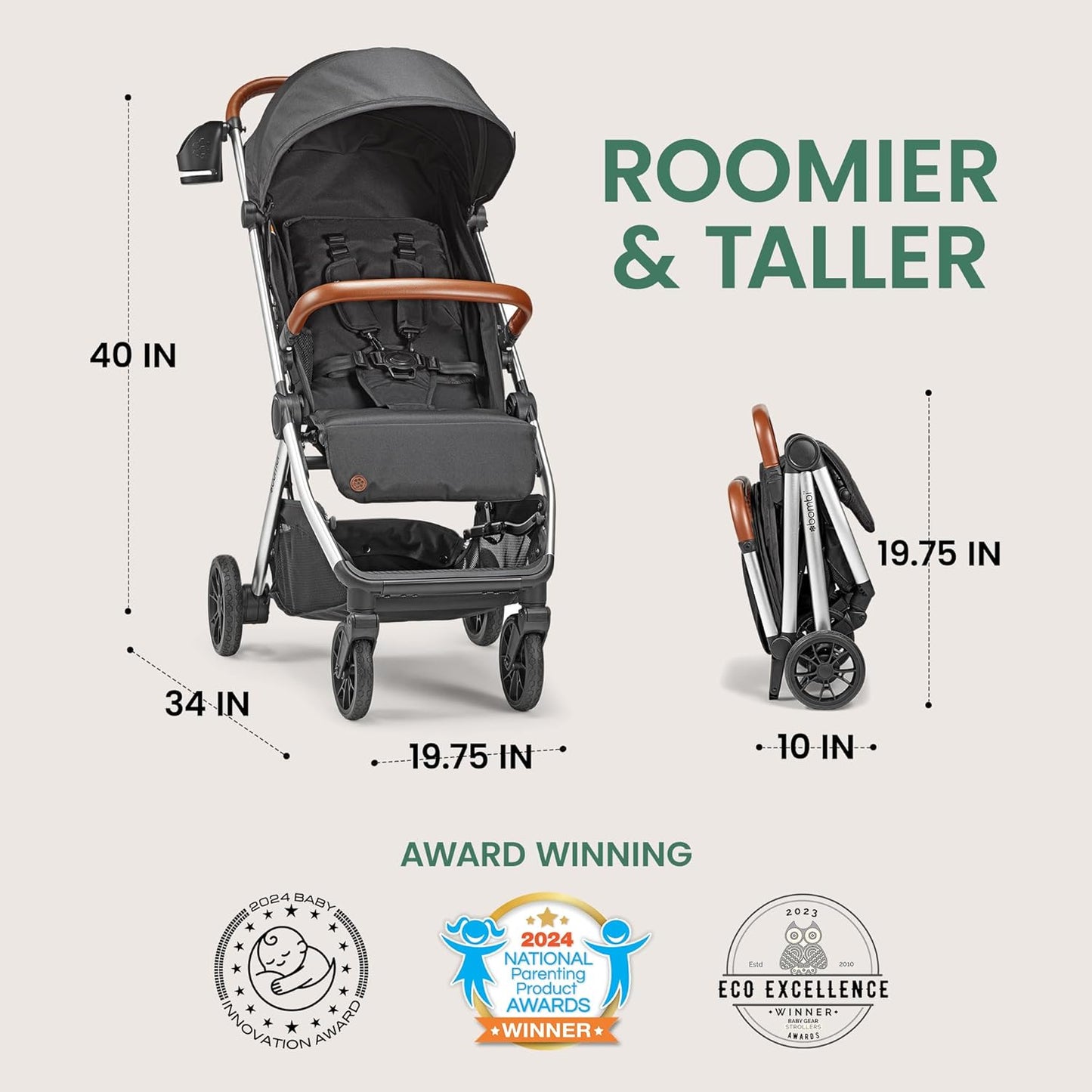 Bombi Bēbee V2 Lightweight Baby Stroller - Premium Vegan Leather, One-Hand Fold, Infinite Recline, Aircraft-Grade Aluminum Frame, XXL Canopy, and Ample Storage Umbrella Stroller - Midnight Black