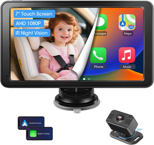 Baby Car Camera 7" AHD Car Baby Monitor with with Apple CarPlay & Android Auto 1080P Car Camera for Baby with Ultra Night Vision 150° Wide Angle, Invisible Infrared Lights【Limited-Time】
