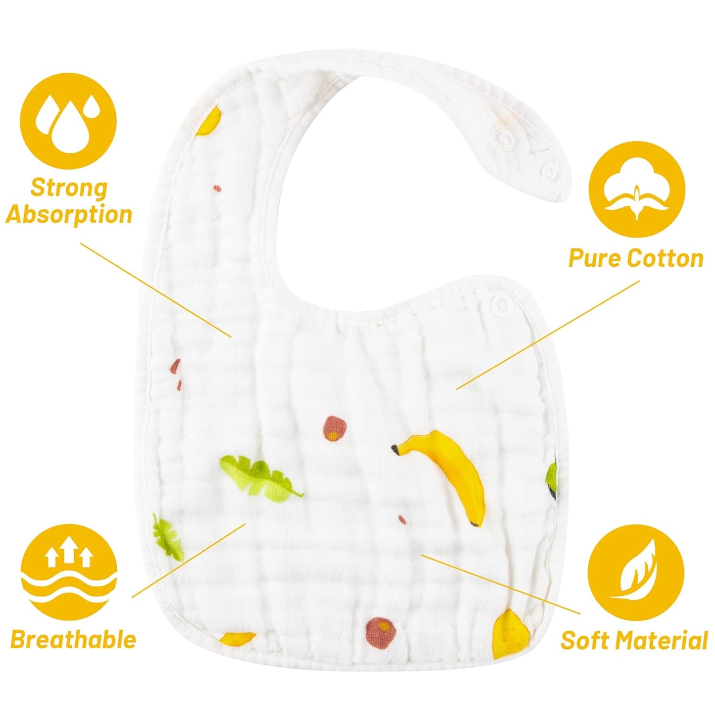 Zainpe 6Pcs Snap Muslin Cotton Bibs for Baby Lemon Flamingo Leaf Pineapple Bib with 6 Absorbent & Soft Layers Machine Washable Adjustable Burp Cloth for Drooling Eating and Teething