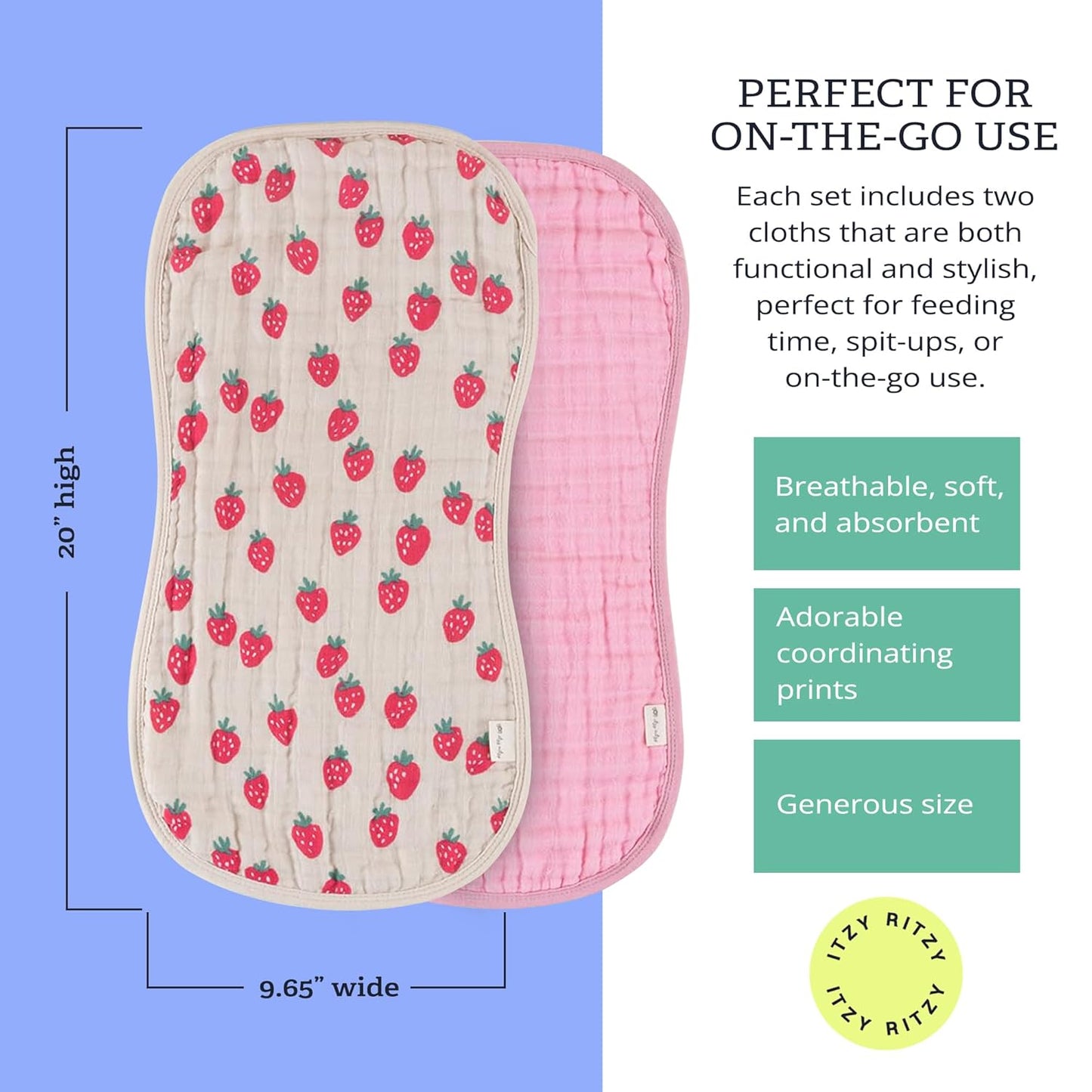 Itzy Ritzy Set of 2 Baby Burp Cloths – Ultra-Soft Absorbent Burping Cloths for Babies - Made of 100% Cotton Muslin and Generously Sized with Trendy Coordinating Prints – Machine Washable (Strawberry)