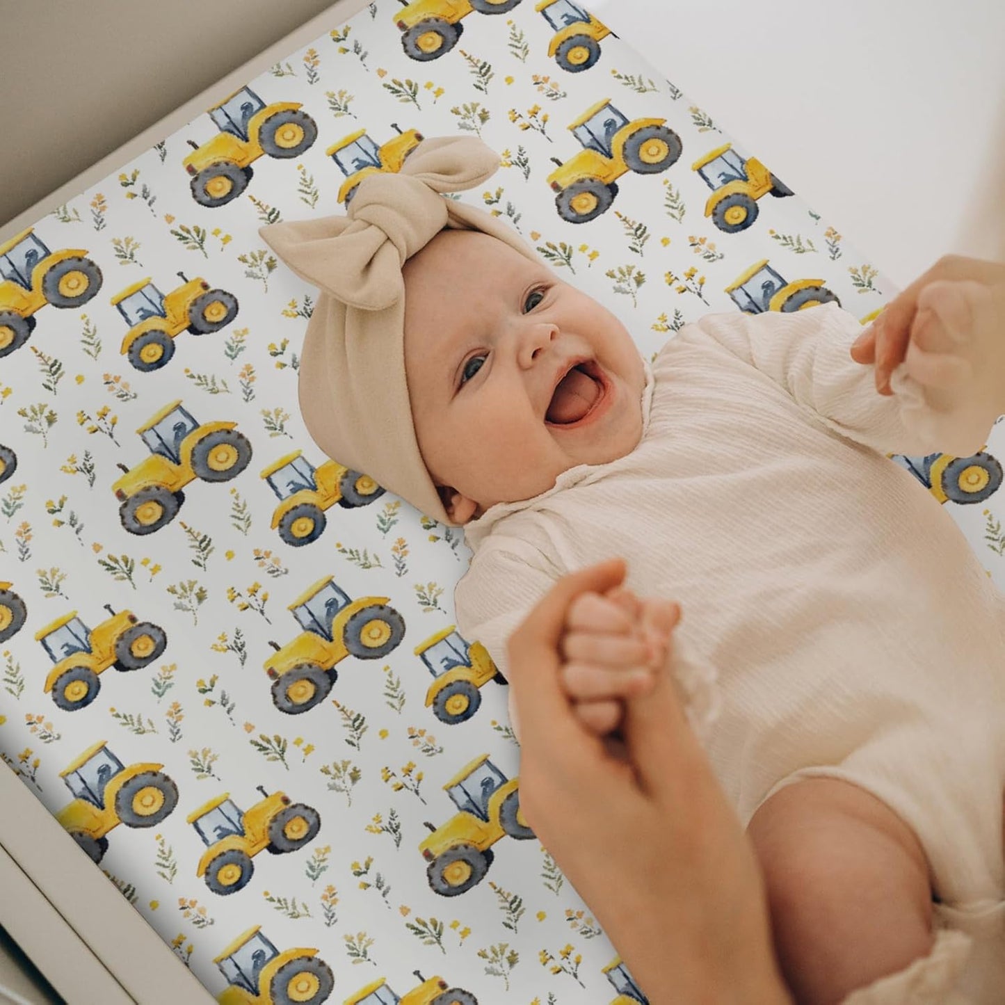 Watercolor Yellow Tractors Baby Changing Pad Covers for Boy Girl Farm Tractors Boho Leaves Fitted Change Table Mats Farm Life Soft Diaper Change Table Cover Sheets for 32''×16'' Contoured Pad