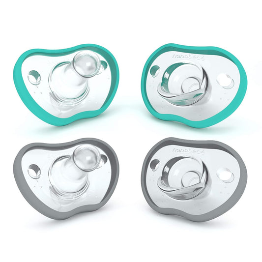 Nanobebe Baby Pacifiers 0-3 Month - Orthodontic, Curves Comfortably with Face Contour, Award Winning for Breastfeeding Babies, 100% Silicone, Baby Registry Gift 4pk,Teal/Grey