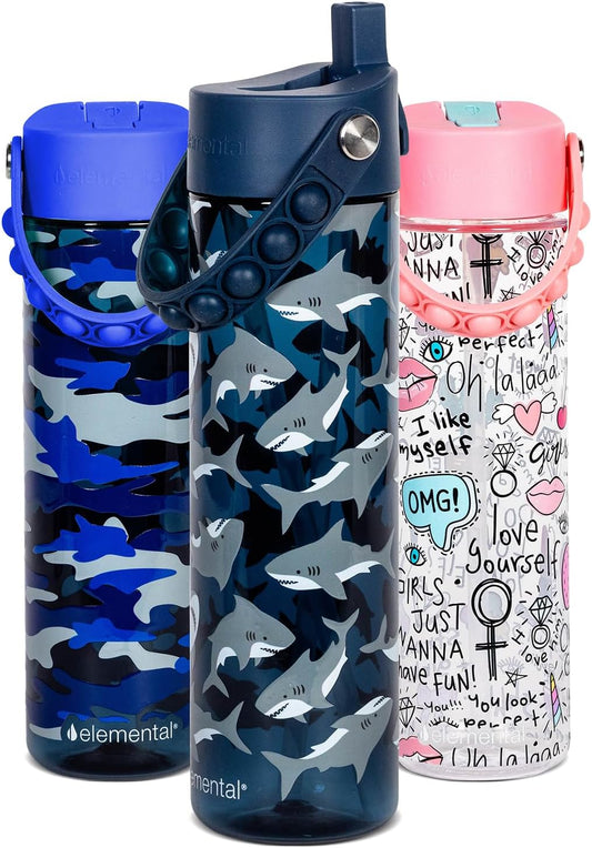 Elemental Splash Water Bottle with Straw - BPA-Free Tritan Plastic Reusable Water Bottle with Pop It Strap - Ideal for Travel, Gym and Sports - Leak Proof when Spout is Closed - 26oz - Shark