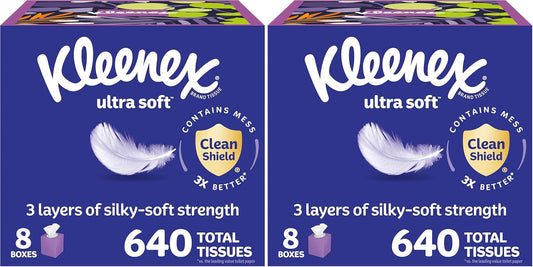 Kleenex Ultra Soft Facial Tissues, 8 Cube Boxes, 80 Tissues per Box, 3-Ply, Packaging May Vary (Pack of 2)
