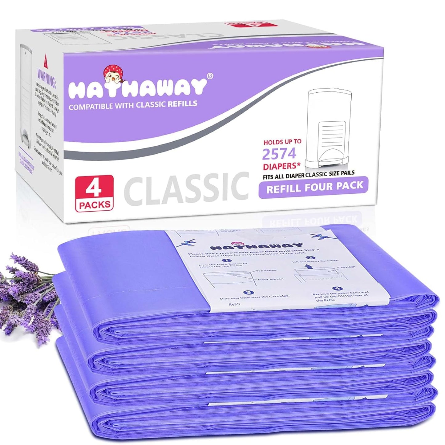 Diaper Pail Refill Bags Compatible with Dekor Classic Diaper Pail, Extra 30% Length, Hold up to 2574 Diapers, Lavender Scent, 4 Pack