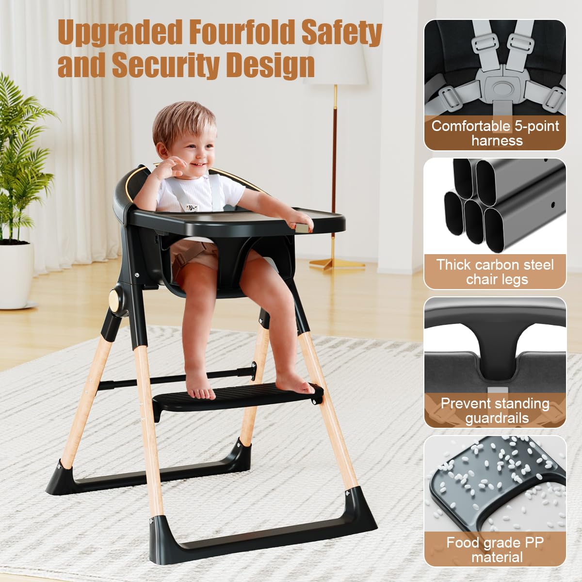 Baby High Chair, High Chairs for Babies and Toddlers, Convertible Folding High Chair with Removable Tray 5 Point Harness Footrest Detachable PU Cushion, Portable Highchair for Baby Toddlers