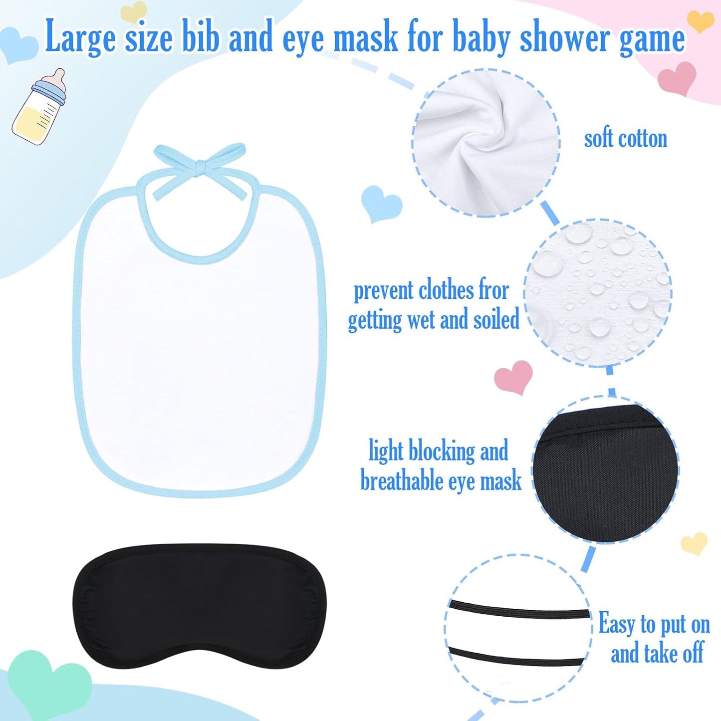 Leinuosen 24 Pcs Baby Shower Blindfold Feeding Game Set Include 6 Plastic Chug Bottles 6 Bib and 12 Eye Mask Blindfold Baby Feeding Bottle Chug Game for Adult Gender Reveal Party Supplies(Blue)