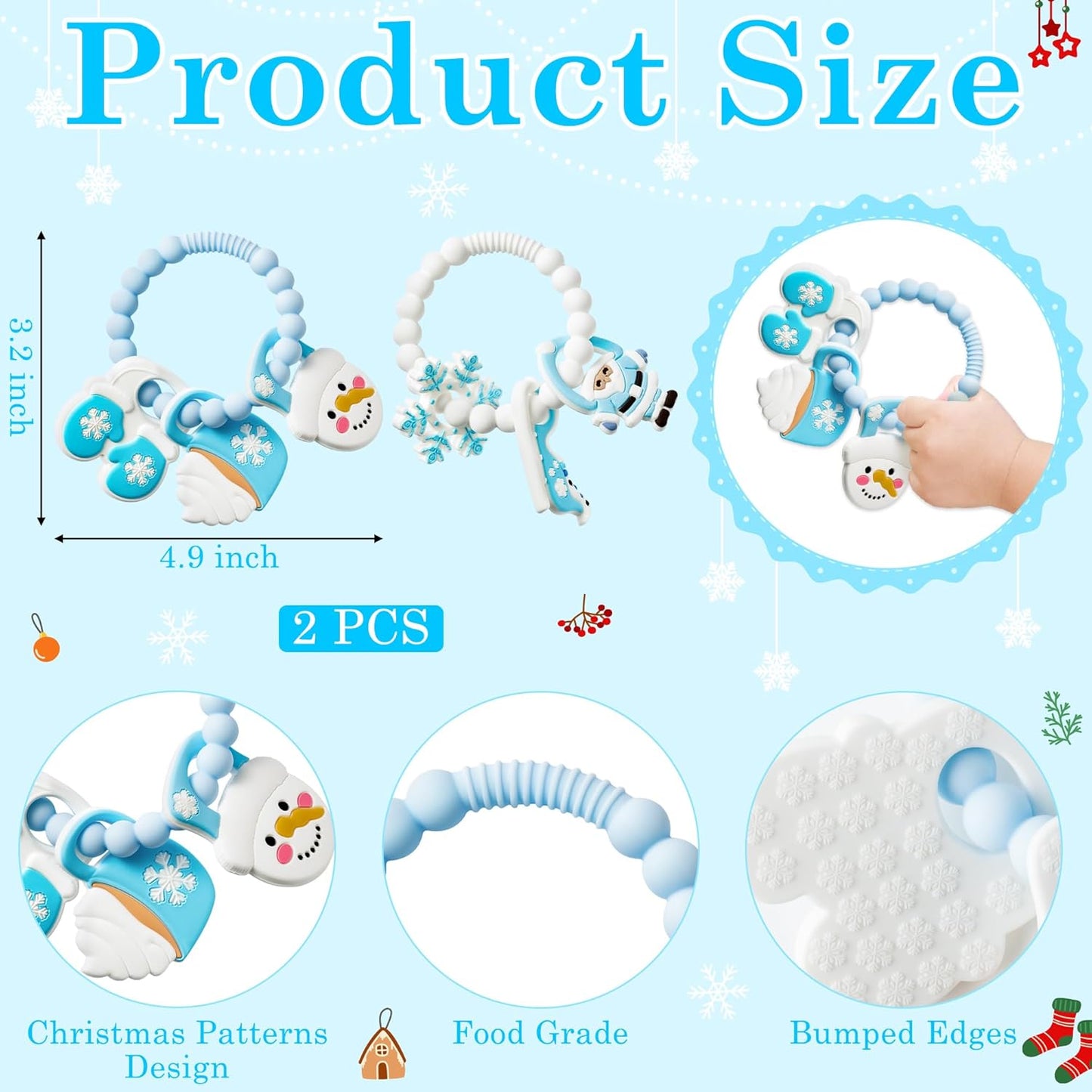 2Pcs Christmas Baby Silicone Teething Toys - Santa and Sleigh Ring, Soft Snowman Snowflake Teether for Toddlers - Chew Toy Gifts for Baby Boys and Girls