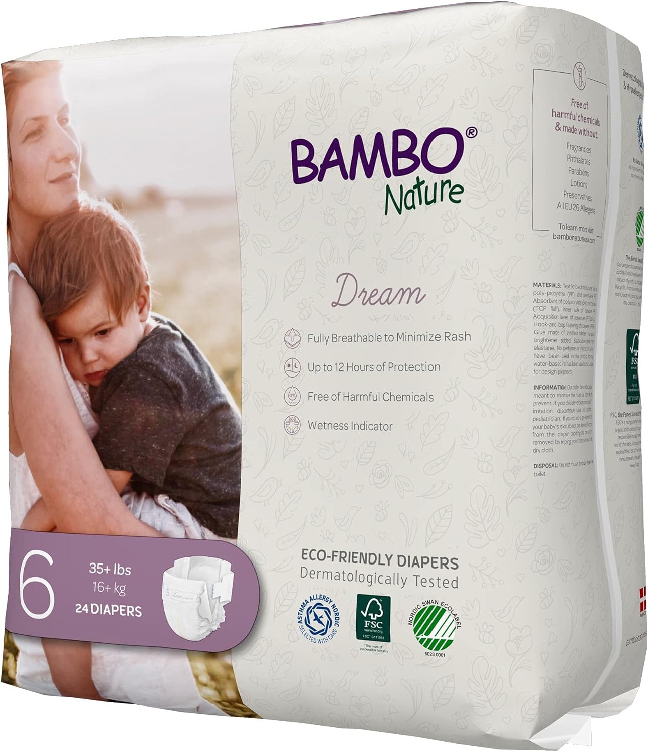 Bambo Nature Hypoallergenic Dream Baby Diapers, Premium Eco-Labeled Sustainable Diapers, Enhanced Leakage Protection, Totally Chlorine-free, Skin Friendly, and Super Absorbent - Size 6 (72 Count)