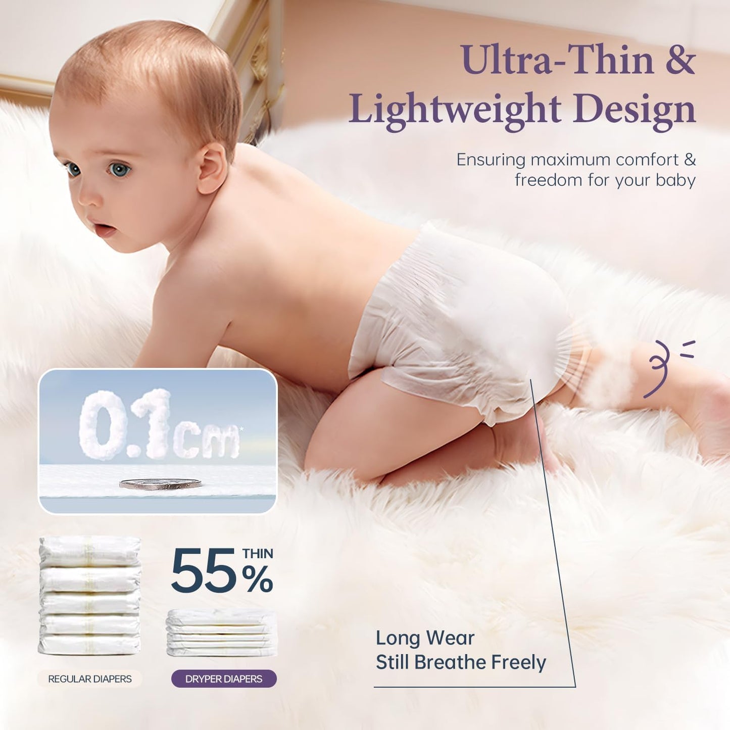 Baby Nappies - Size 2 (4-8kg / 8-18 lbs), 6 x 8 Nappies (48 Total), Ultra Soft Nappies Super Absorption Core Disposable Baby Diapers