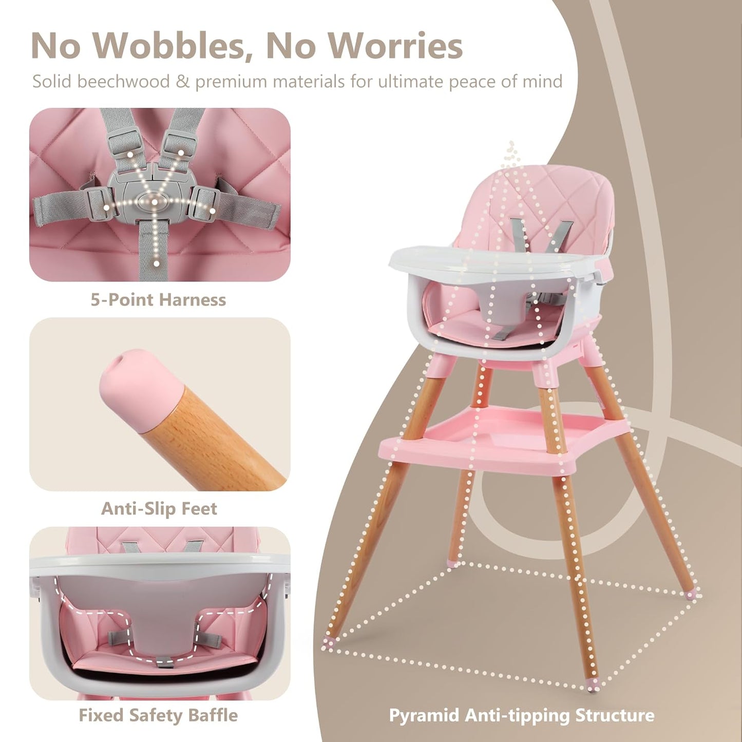 Kinder King 7 in 1 Baby High Chair for Babies and Toddlers with Large Storage Footrest, Booster Seat, Convertible Wooden High Chair with 3-Depth Double Dishwasher Safe Tray, 5 Point Harness, Pink