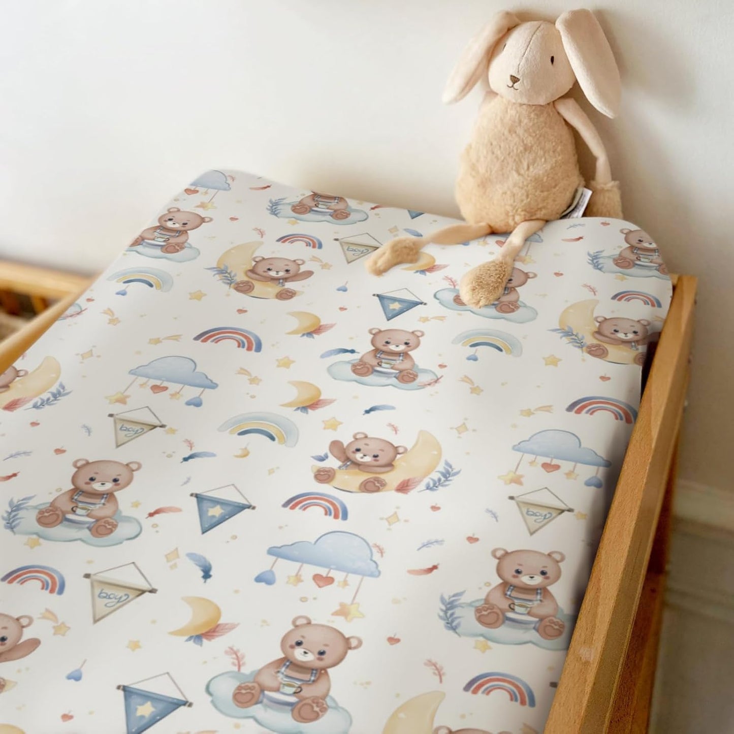 Watercolor Bear Rainbow Blue Changing Pad Covers for Baby Boys Cute Bears Moon Stars Clouds Fitted Change Table Covers Mats Animal Soft Diaper Changing Table Sheets for 32''×16'' Contoured Pad