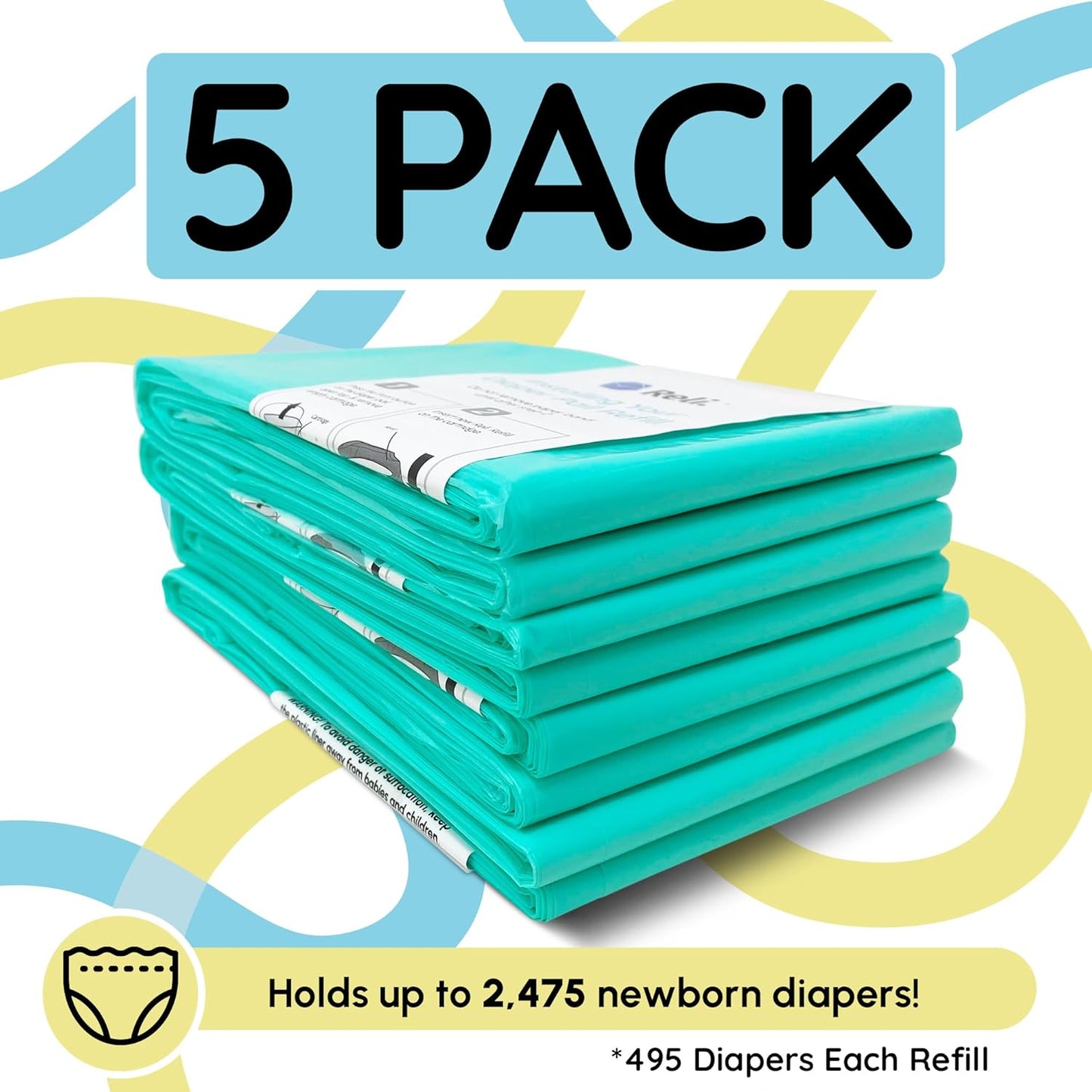 Reli. Diaper Pail Refill Bags, Compatible with Dekor Classic (5 Pack) | Diaper Dekor Refills w/Powder Fresh Scent | Odor Blocking, Strong, Easy Replacement Bags | Holds up to 2475 Diapers