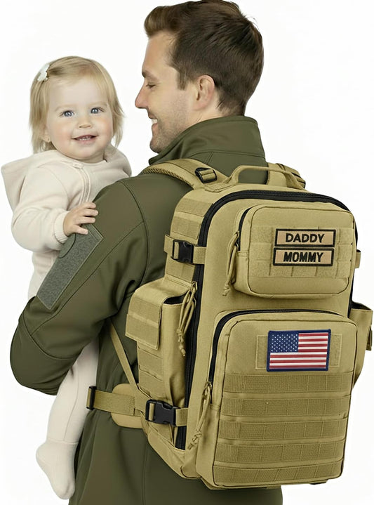 SHARKMOUTH Military Diaper Bag for Dad - Insulated Baby Diaper Backpack with Patches for Hiking Travel Camping - Baby Shower Gifts Tan