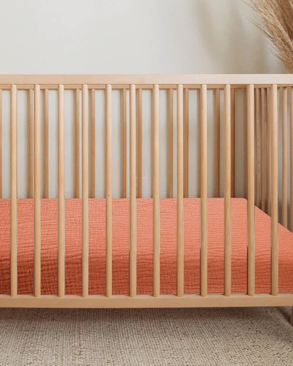 Mini Crib Sheets for Baby, Fitted Pack N Play Mattress and Mini Cribs 24" x 38", Neutral Muslin Cotton Mini Crib Mattress Sheet with Boho Style, Soft and Breathable Comfort (Brick)