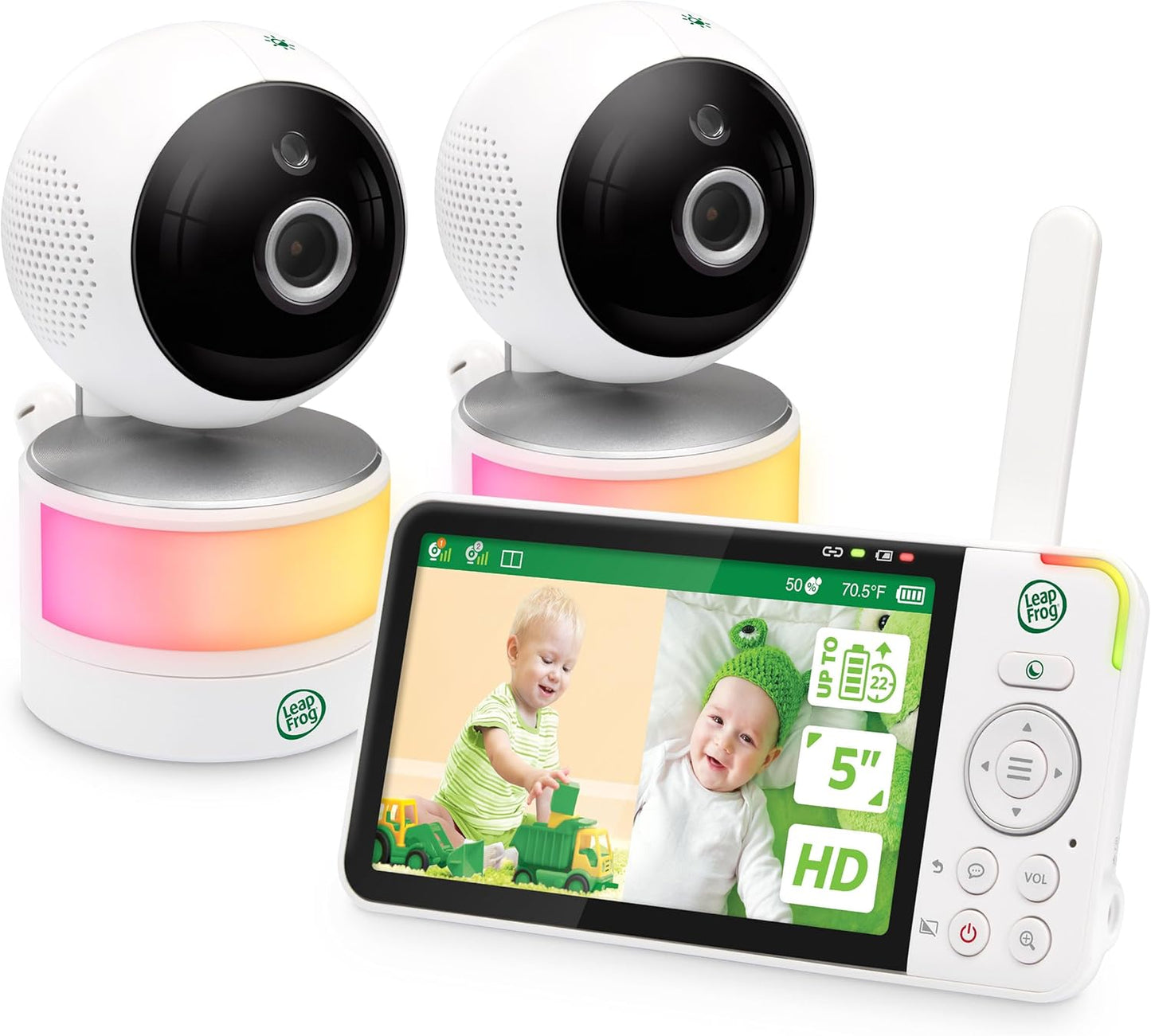 LeapFrog LF915-2HD Baby Monitor, 2 Cameras, 5” 720p Screen, 360° Pan-Tilt-Zoom, Color Night Vision, Night Light, Two-Way Intercom, Secured Transmission No WiFi