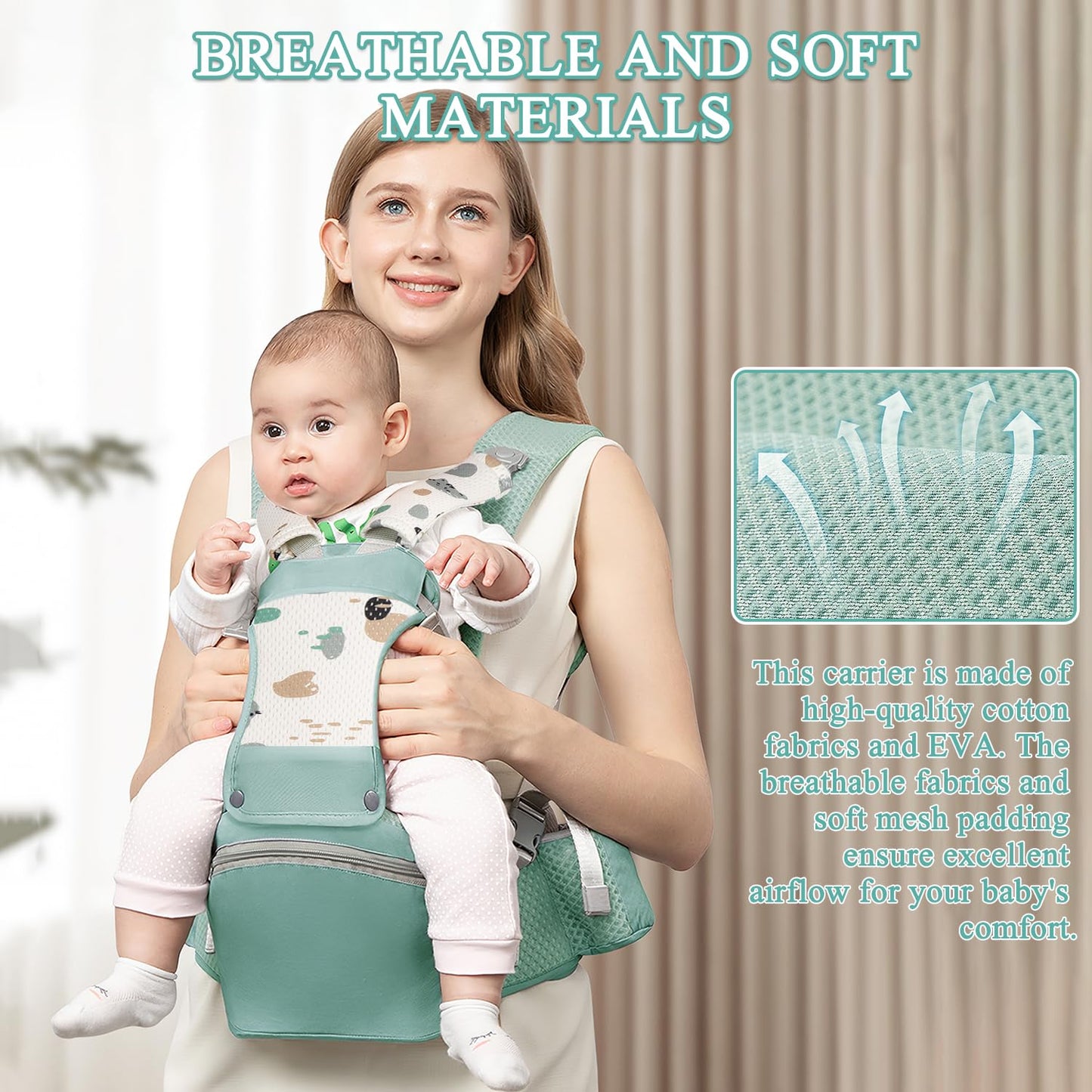 Baby Carrier with Hip Seat for Newborn to Toddler, 6-in-1 Ergonomic Infant Carrier for 0-36 Month Baby, All Positions Soft Breathable Mesh Wrap Carrier with Waist Stool, Baby Holder-Green Print