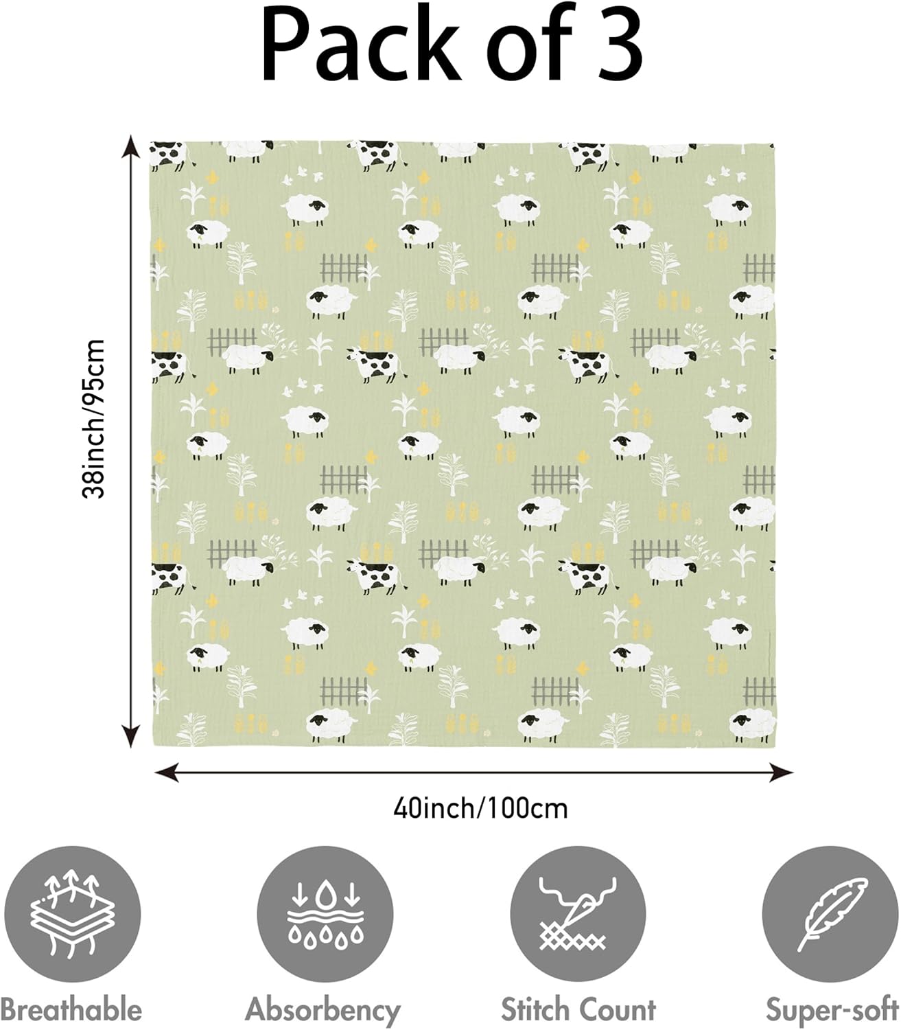 Muslin Swaddle Blankets for Newborn, 3 Pack Breathable Soft Receiving Blanket, Large 38 x 40 inches Swaddle Wrap Burping Clothes Diapers, Essentials Infant Shower Items, Toddler Gift (Cute Farm)