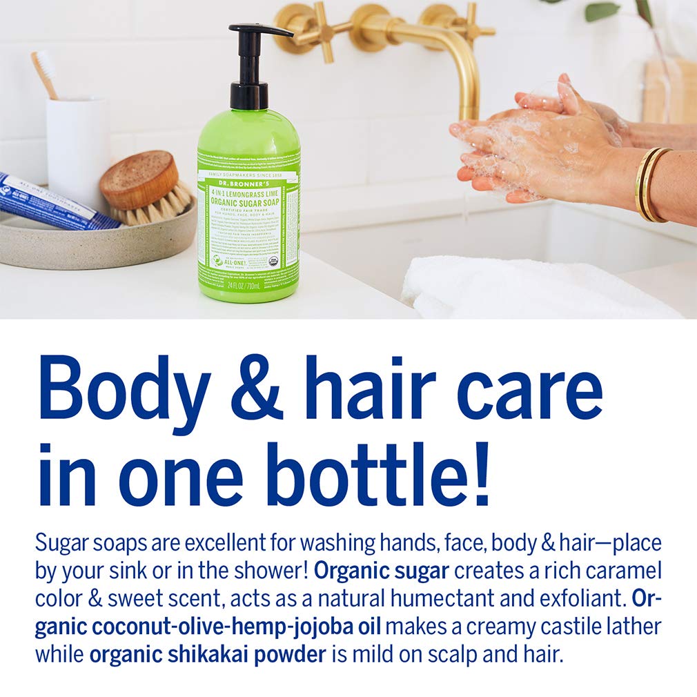 Dr. Bronner's - Organic Sugar Soap (Lemongrass, 24 Ounce) - Made with Organic Oils, Sugar and Shikakai Powder, 4-in-1 Uses: Hands, Body, Face and Hair, Cleanses, Moisturizes and Nourishes, Vegan