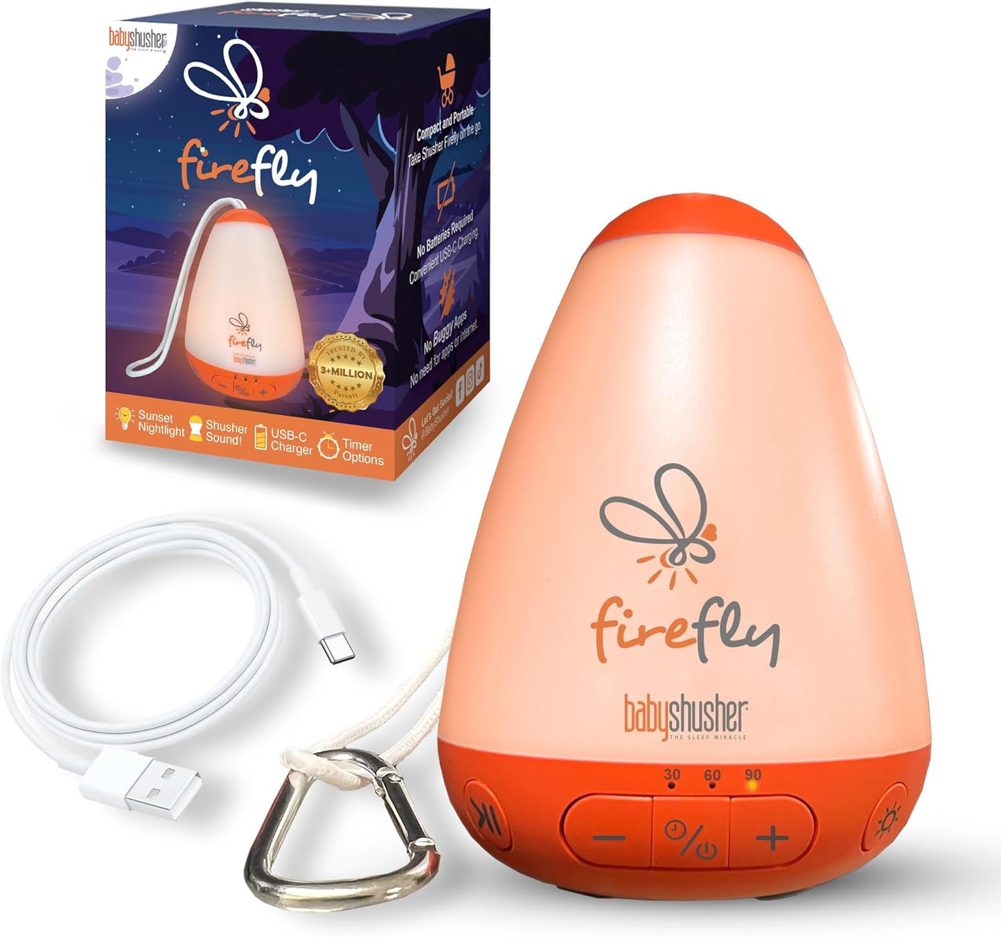 Baby Shusher Firefly Baby Soother for Crying Babies with Nightlight - White Noise Sound Machine, Baby Soother for Sleeping, Newborn Essentials for Crib, USB Rechargeable - 1 Count