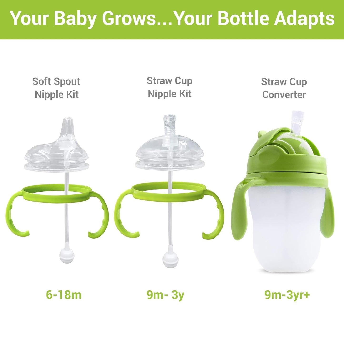 Sippy Cup Soft Spout Transitional Nipple Kit Bundle Compatible with Comotomo Baby Bottles, 5 oz and 8 oz | Value Bundle 2 Kits + Brushes (Green)