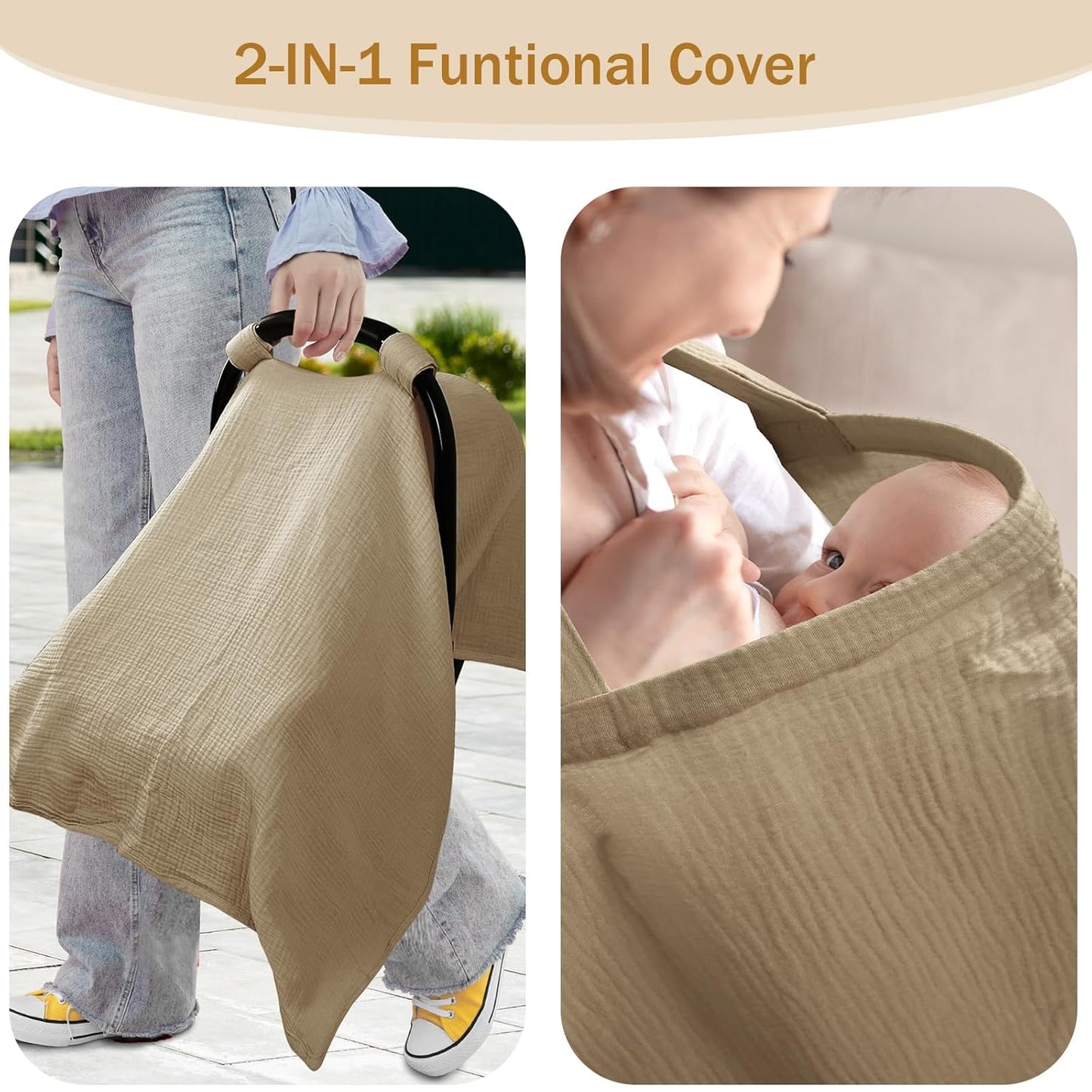 Hooyax 2-in-1 Baby Car Seat Cover & Nursing Cover, 100% Muslin Cotton, Breathable Car Seat Canopy and Privacy Breastfeeding Cover, Brown