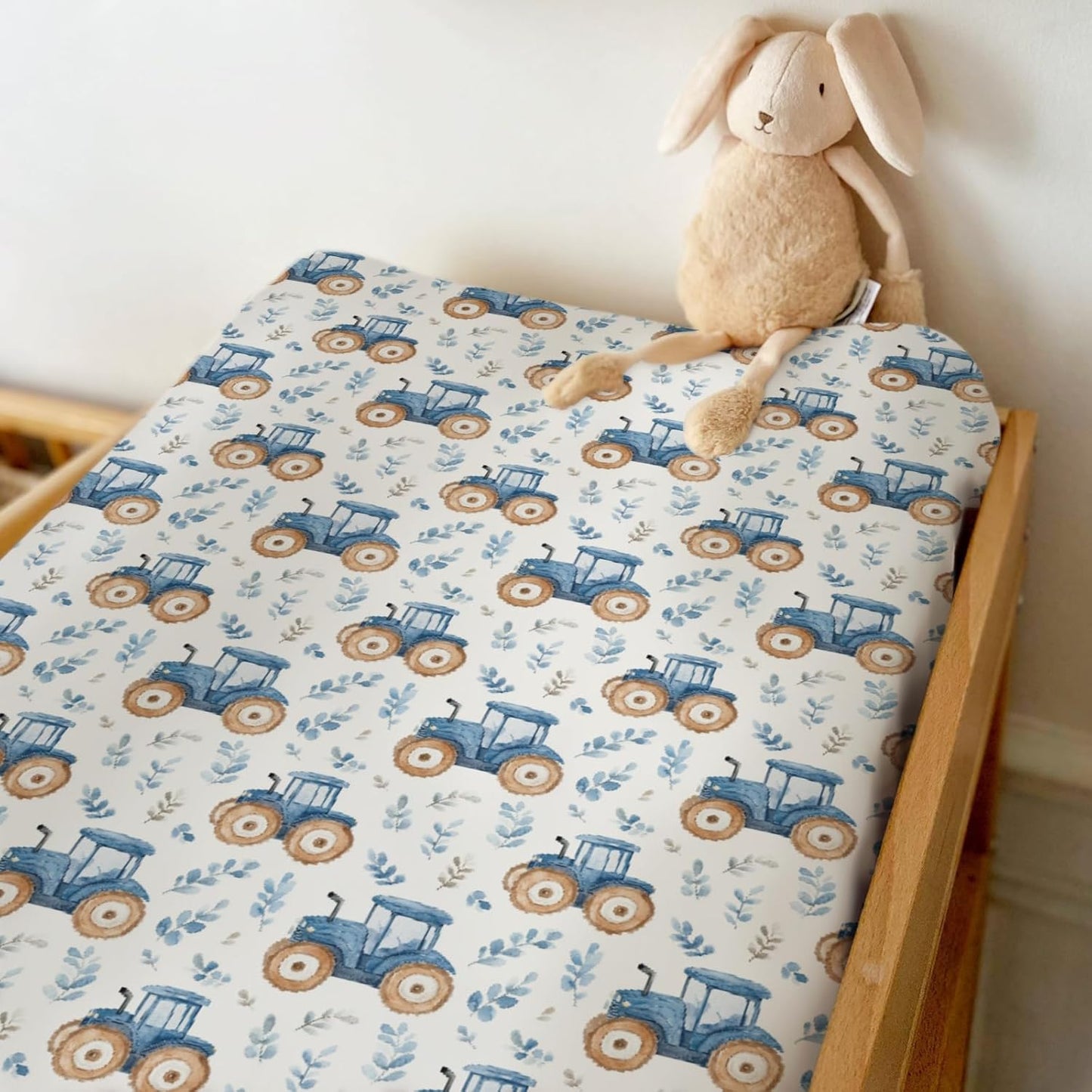 Watercolor Blue Tractors Baby Changing Pad Covers for Boy Girl Farm Tractors Boho Leaves Fitted Change Table Mats Farm Life Soft Diaper Change Table Cover Sheets for 32''×16'' Contoured Pad