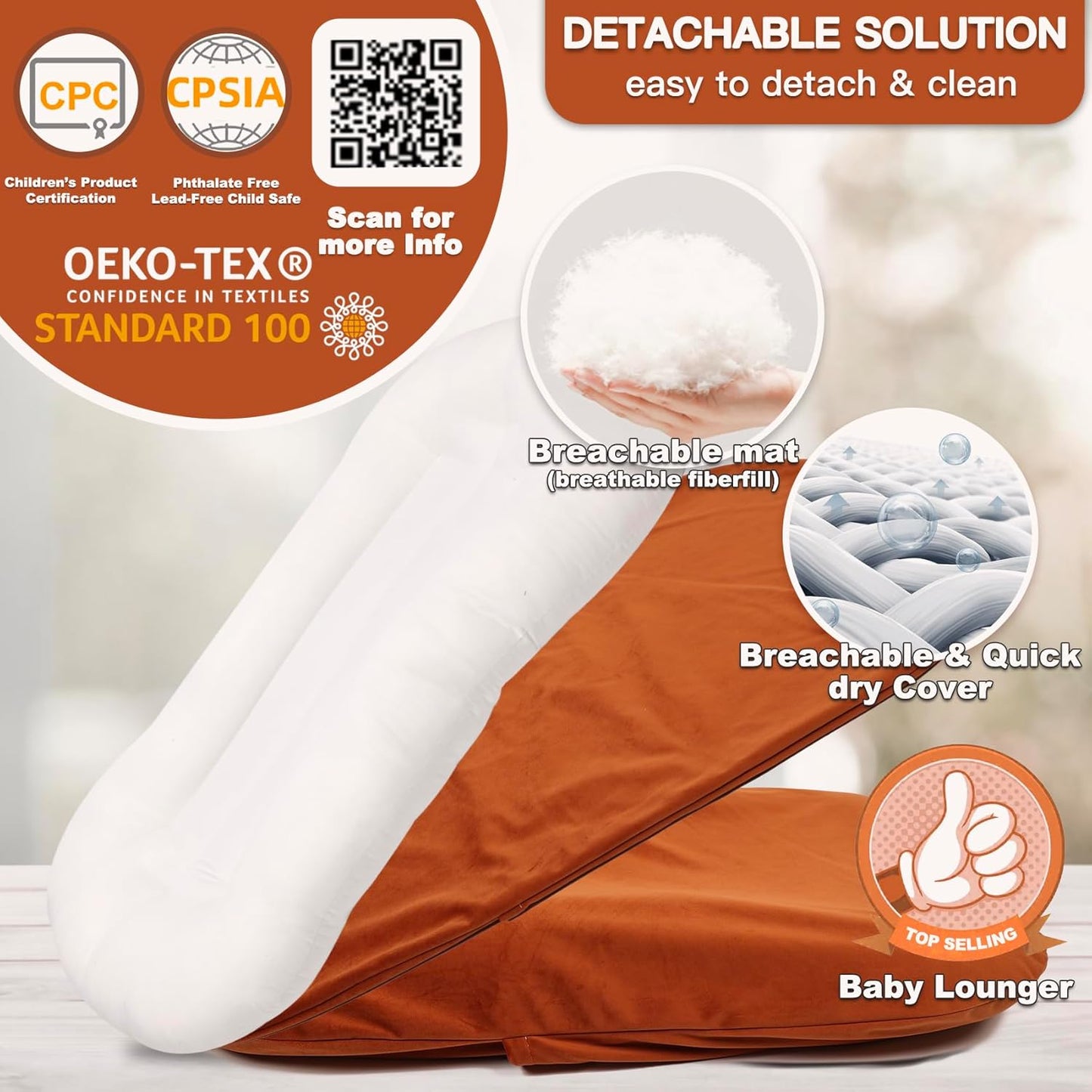 Baby Lounger - Snuggle Cozy Me Infant Lounger for Newborns | Flannel Cover, Breathable Soft, Portable Awake-Time Pad, Essential Baby Gift - Orange