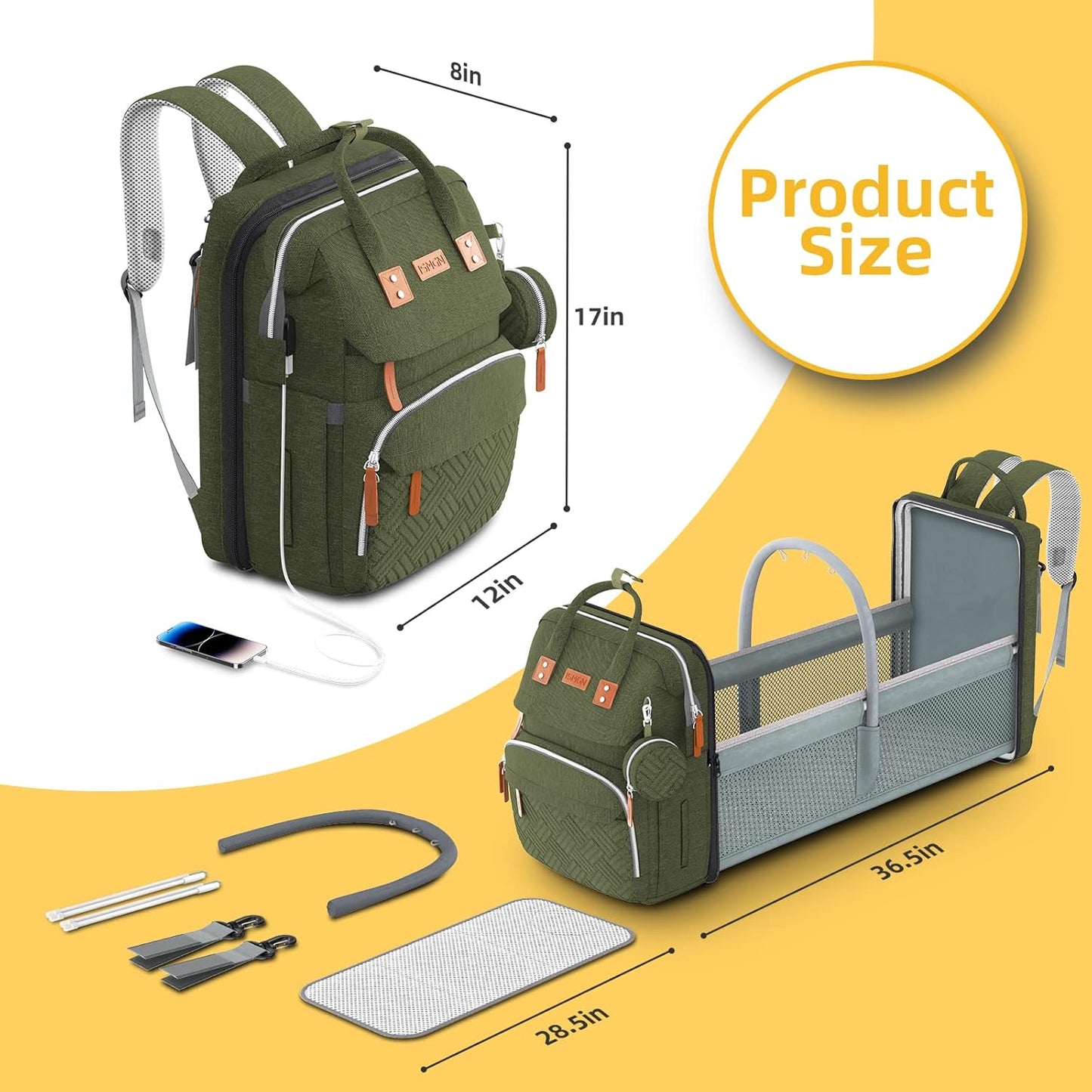 Diaper Bag Backpack with Changing Station, Large Diaper Bag, Baby Bag, Multifunctional Diaper Bag, ARMYGREEN