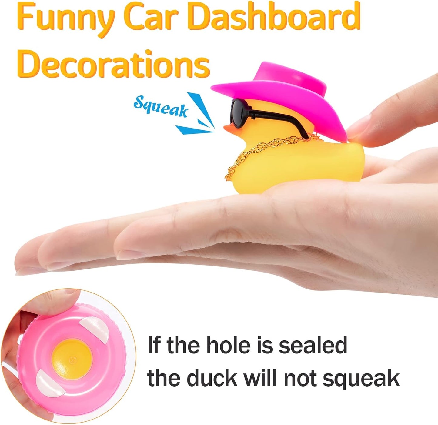 wonuu Car Rubber Duck, Yellow Duck Decoration Dashboard with Sun Hat Swim Ring Necklace Sunglasses for Car Dashboard Decorations, Black Cowboy Hat-Transparent