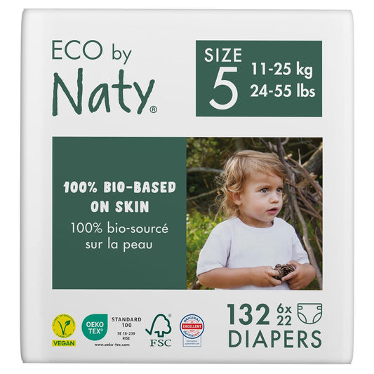 Eco by Naty Eco-Friendly Baby Diapers - 100% Plant-Based Materials on Skin, Soft, for Sensitive Skin & Super Absorbent (Size 5, 132 Count)