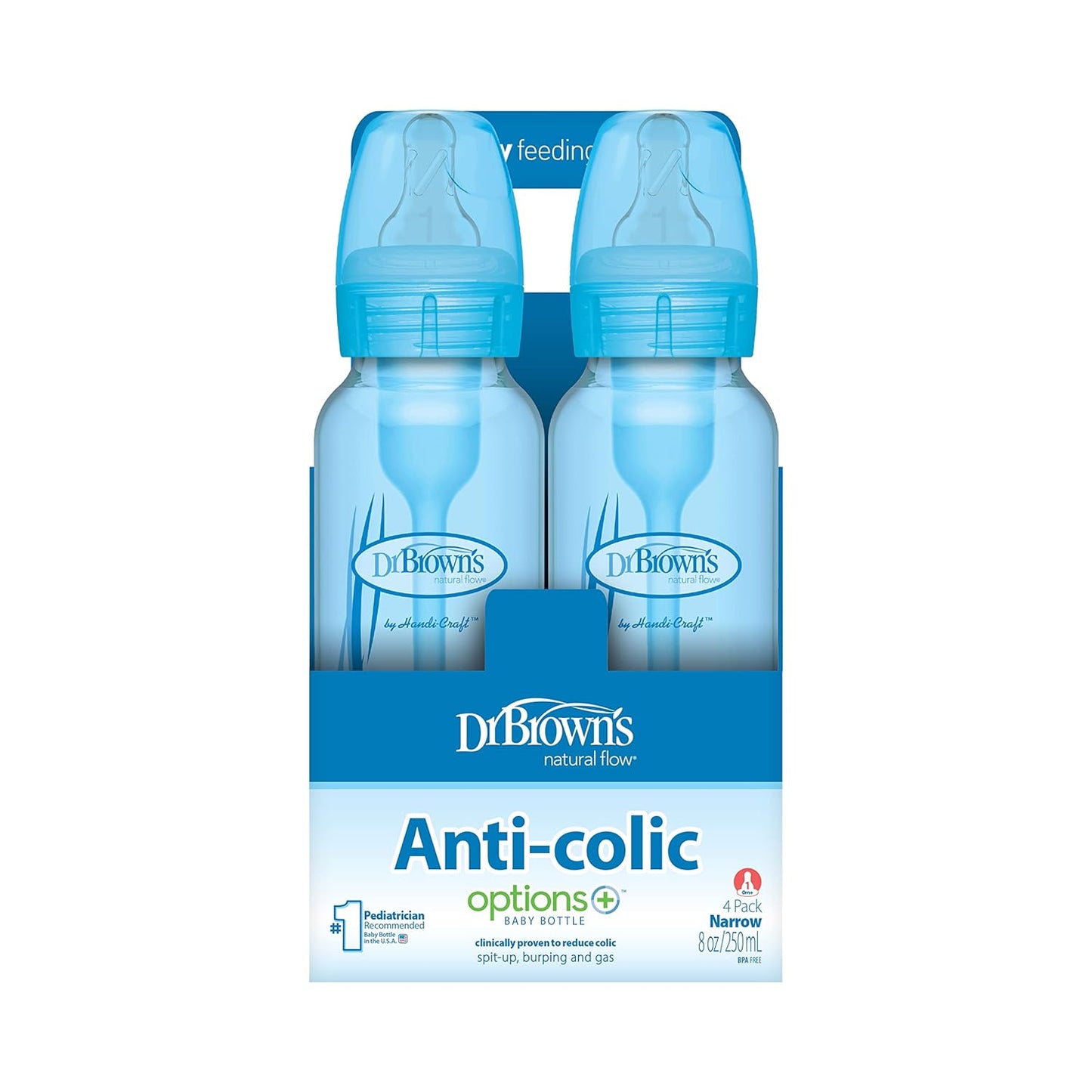Dr. Brown’s Natural Flow® Anti-Colic Options+™ Narrow Baby Bottles, 8 oz/250ml, with Level 1 Slow Flow Nipple, 4 Pack, Blue/Clear