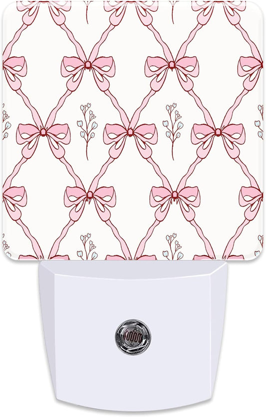 Vintage Retro Pink Ribbon Plug in Night Light with Auto Dusk to Dawn Sensor,Warm Night Lights for Boys Girls Bedroom Bathroom Hallway Kids Room Gifts