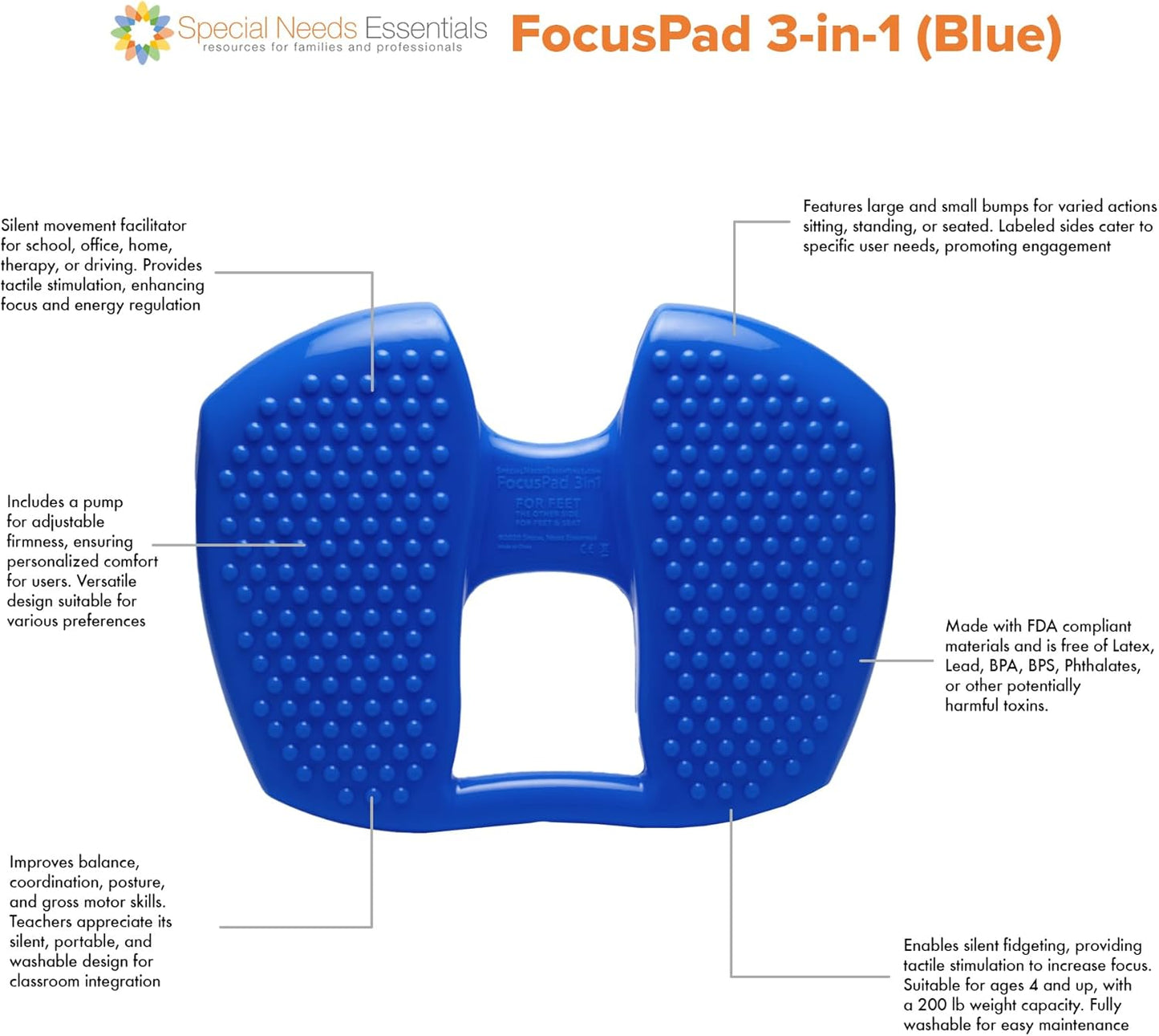 Special Needs Essentials FocusPad 3-in-1 | Blue Bouncy Chair | Sensory Foot Cushion | Therapy Tools for Kids and Adults with ADHD & Autism | Fidget Toys (Blue)