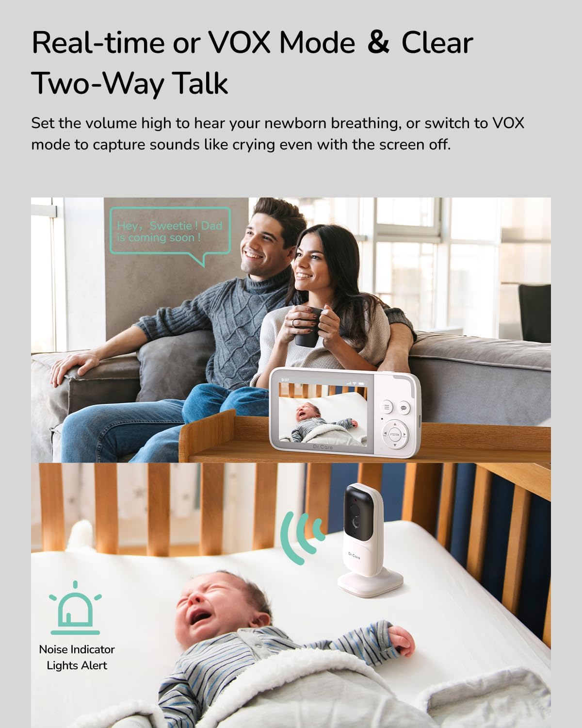 Dr.Care NeoView Video Baby Monitor -3.5” Screen, 2-Way Audio, Video Loop Recording, Night Vision, Real-Time/VOX Monitoring, Temperature Sensor, Lullabies, No Wi-Fi