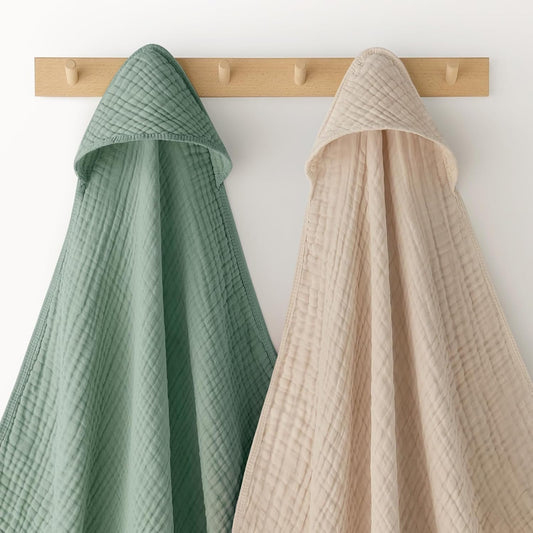 Looxii Baby Bath Towels 2 Pack Muslin Hooded Baby Towels for Newborn and Infants, 100% Cotton, Large 32x32Inch, Soft and Absorbent Beige+Green