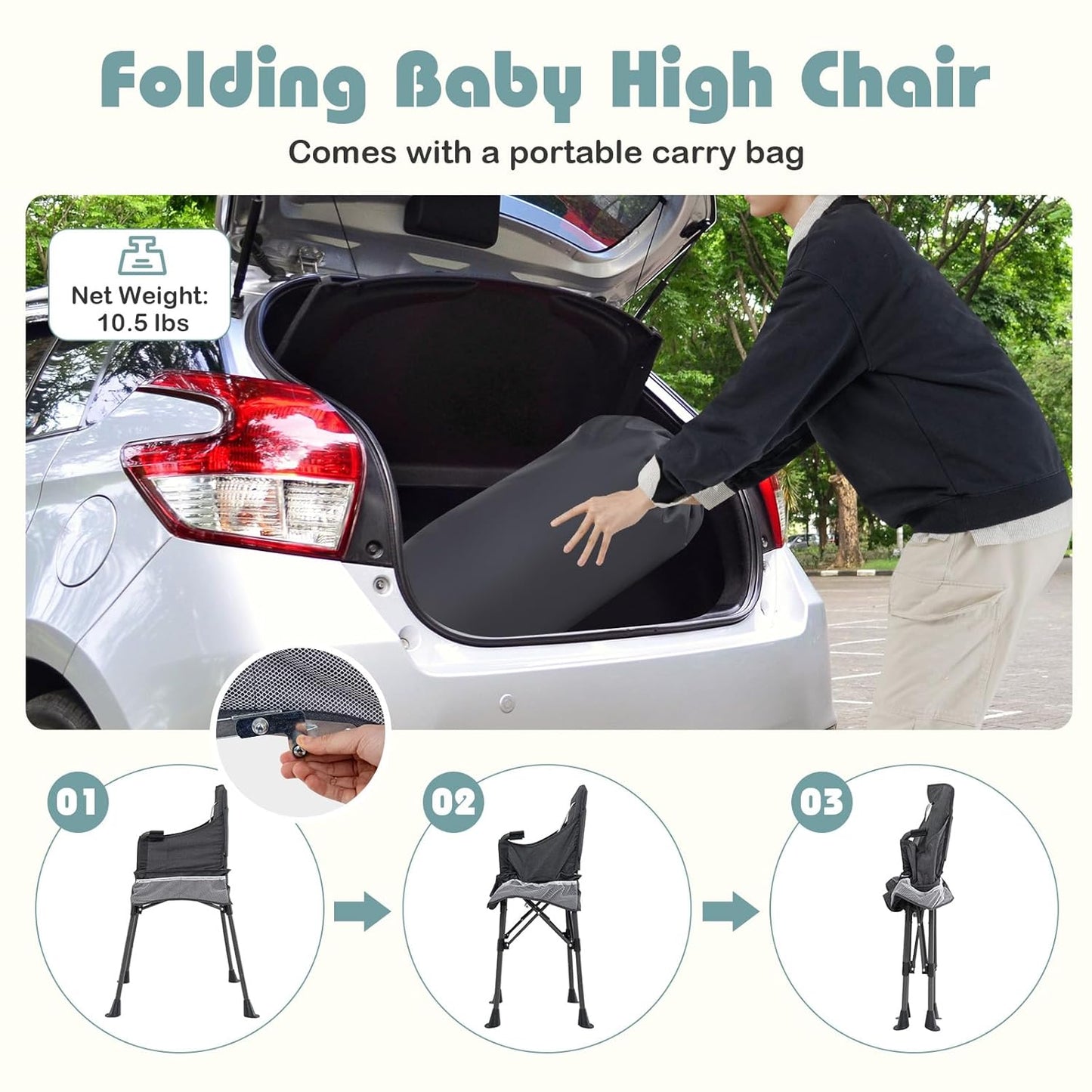 HONEY JOY Portable High Chair for Babies and Toddlers, Foldable Highchair with Tray, Storage Pocket, 5-Point Safety Harness, Compact Space Saver Baby Feeding Chair for Travel, Carry Bag (Gray)