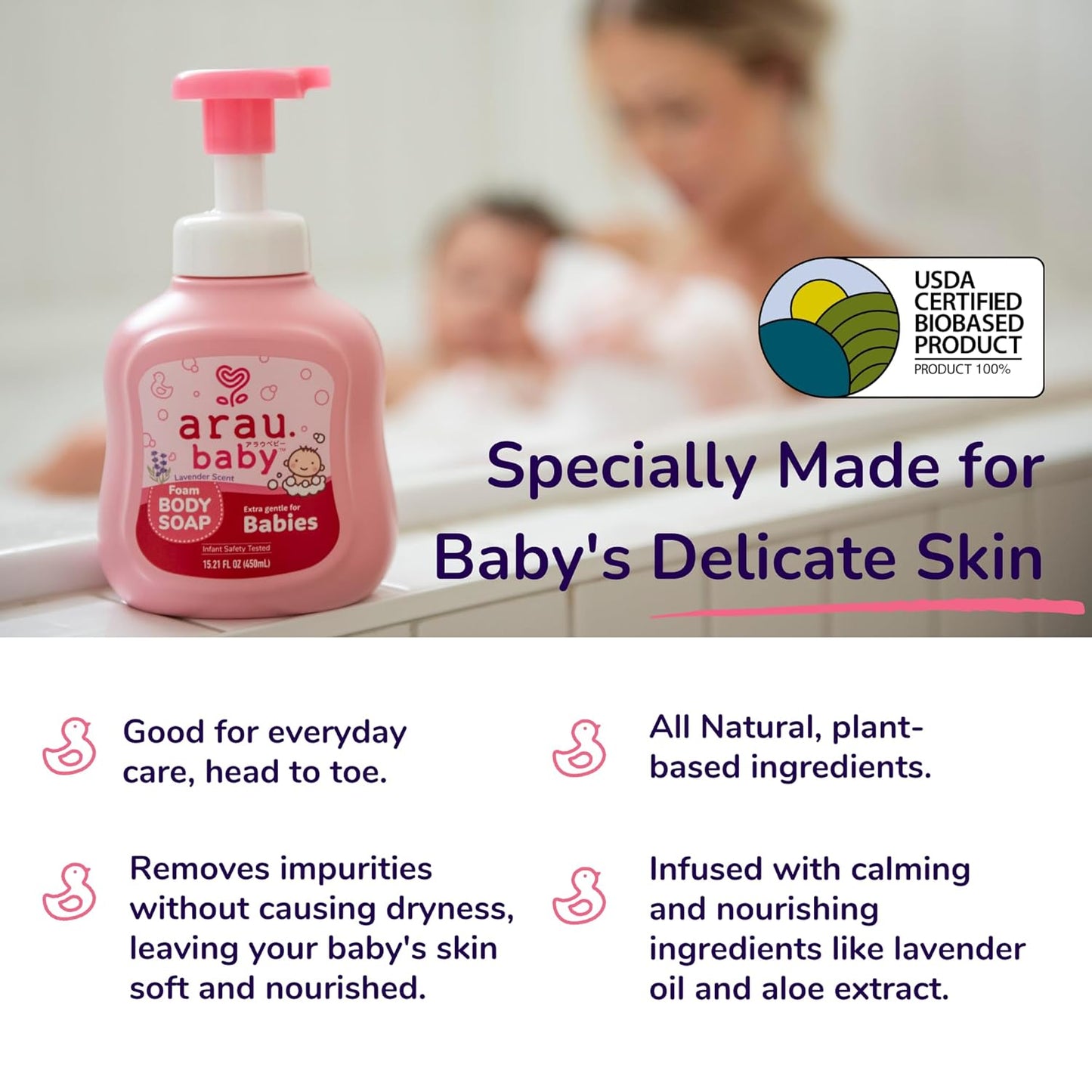Arau Baby Foam Body Soap Lavender Scent, Natural Plant Based Baby Wash, No Artificial Fragrance or Additives, Gentle for Baby’s Sensitive Skin, Nourishing and Easy Rinse (15.21 Fl Oz)