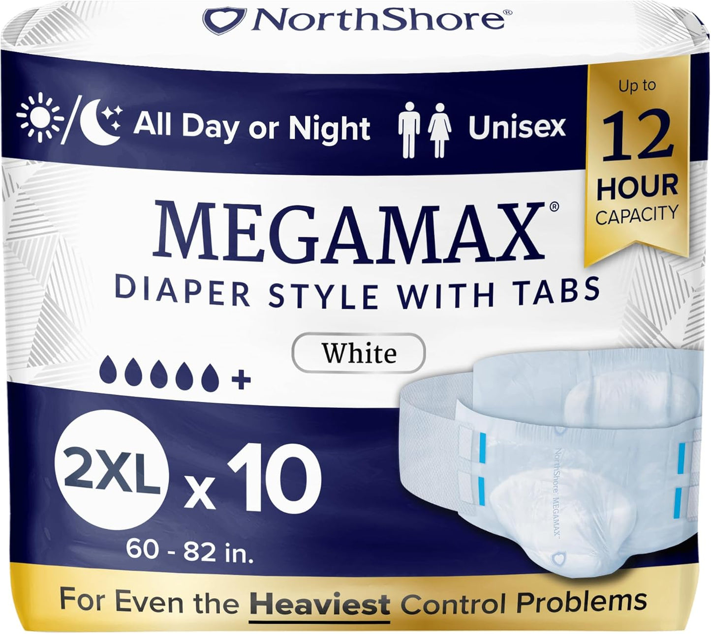 NorthShore MegaMax Adult Overnight Diapers, 12-Hour Tab-Style, 2X-Large, 10 Count Bag, White, 60-82 inches, Unisex Incontinence Underwear