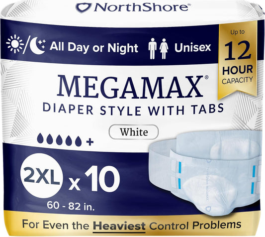 NorthShore MegaMax Adult Overnight Diapers, 12-Hour Tab-Style, 2X-Large, 10 Count Bag, White, 60-82 inches, Unisex Incontinence Underwear