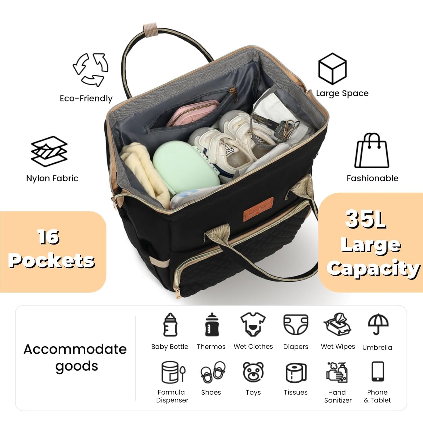 Diaper Bag Backpack with Changing Pad Pacifier Case, Baby Bag for Boy Girl Toddler - Large,Stylish, Waterproof Travel Quilted Diaper Bag for Mom - Baby Shower Gifts, Black
