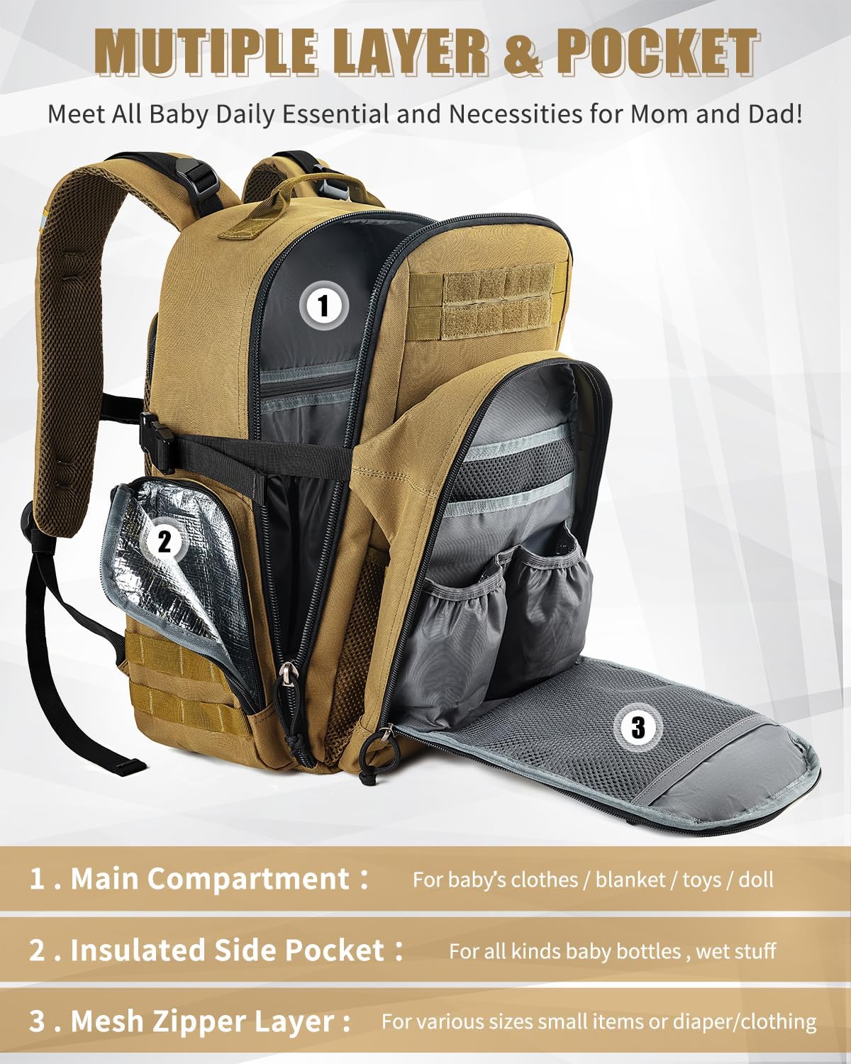 SHARKMOUTH Military Diaper Bag for Dad: Tactical Baby Backpack with Insulated Changing Pad for Outdoor Dads - MOLLE Webbing & 900D Polyester for Camping Hiking Travel