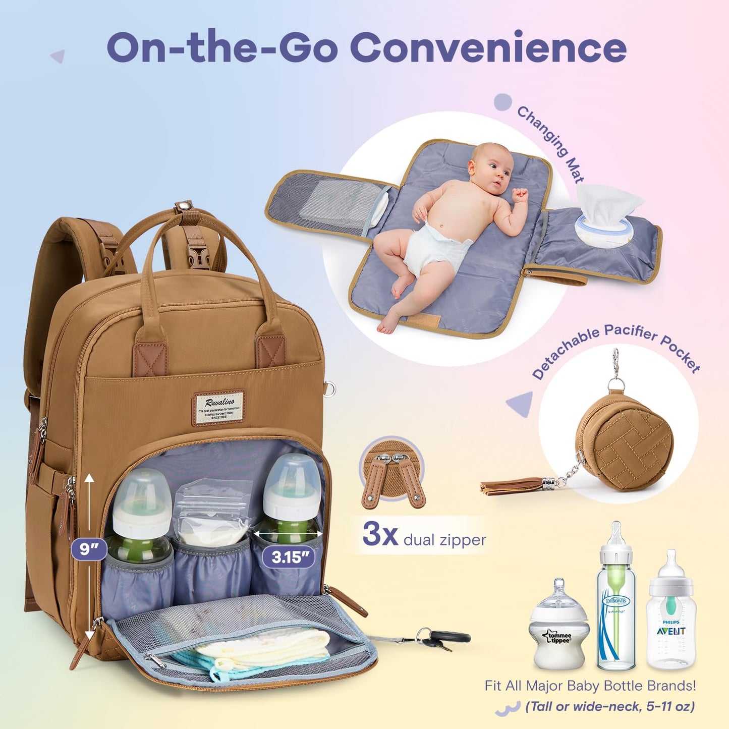RUVALINO Diaper Bag Backpack, Multifunction Travel Pack Maternity Baby Changing Bags, Large Capacity, Waterproof, Golden Brown