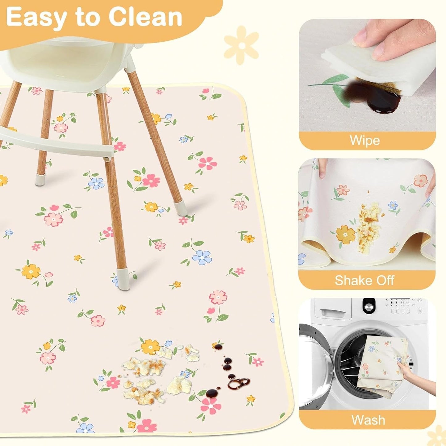 Splat Mat for Under High Chair 42 x 42 Inch Waterproof Baby Splash Mat with Non Slip Bottom Reusable Portable Highchair Mat for Floor Food Catcher for High Chair, Yellow Pink Floral