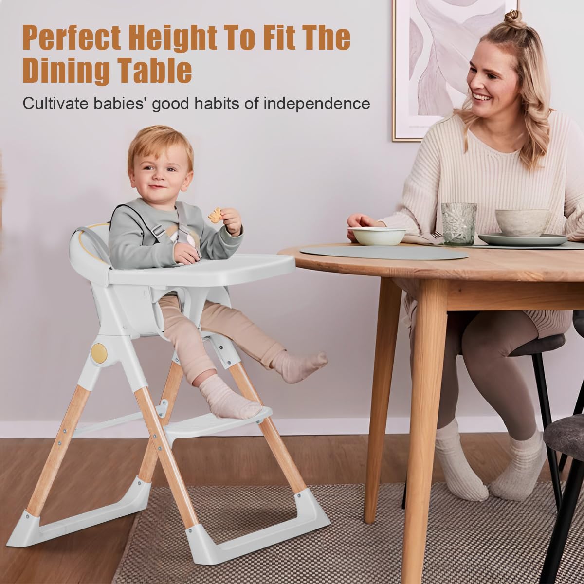 Baby High Chair, High Chairs for Babies and Toddlers, Convertible Folding High Chair with Removable Tray 5 Point Harness Footrest Detachable PU Cushion, Portable Highchair for Baby Toddlers